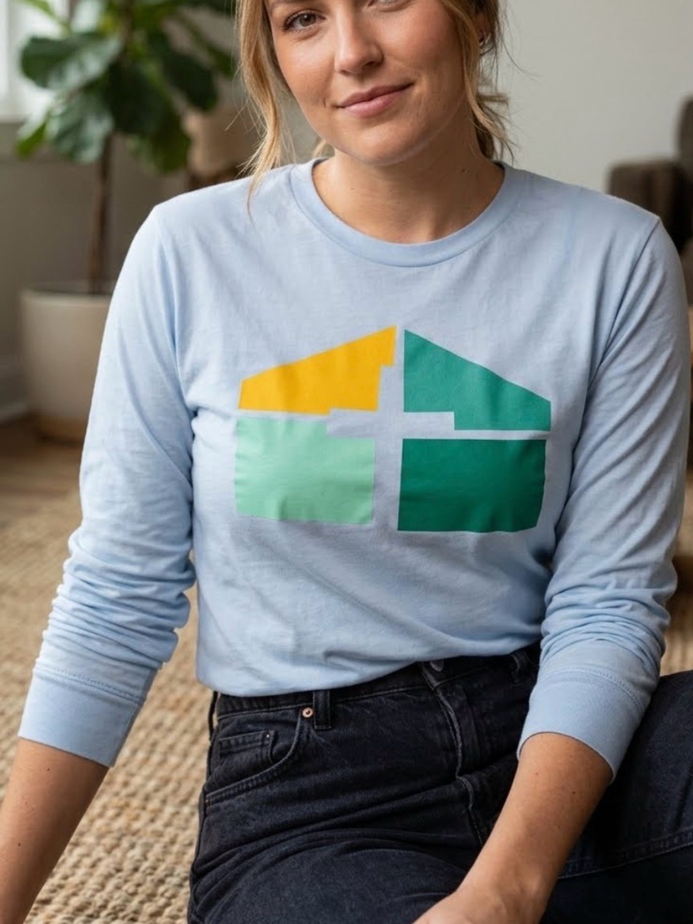 Light Blue Long Sleeve Shirt with Geometric Design